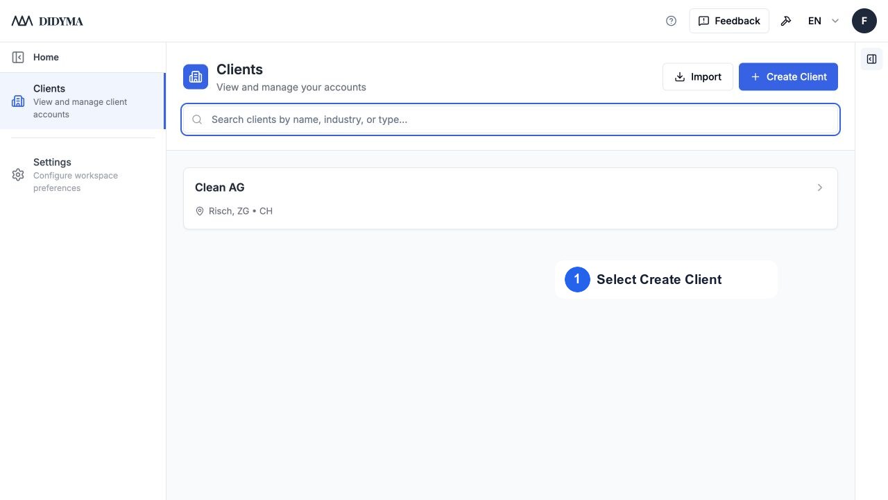 The Clients page with Create Client highlighted