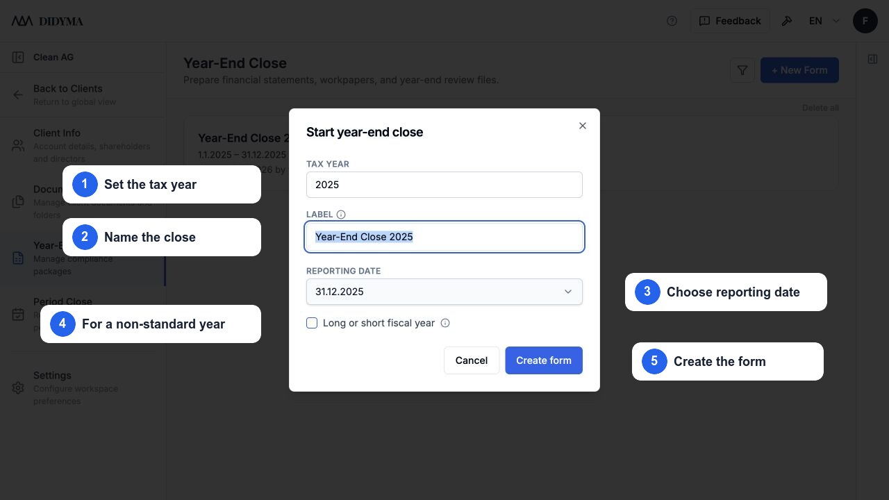 The New Form dialog for a financial statement