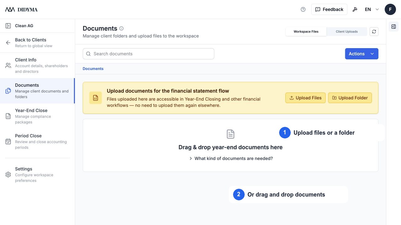Documents ready for upload in a client workspace