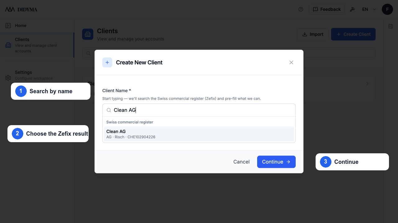 A Zefix company selected while creating a client